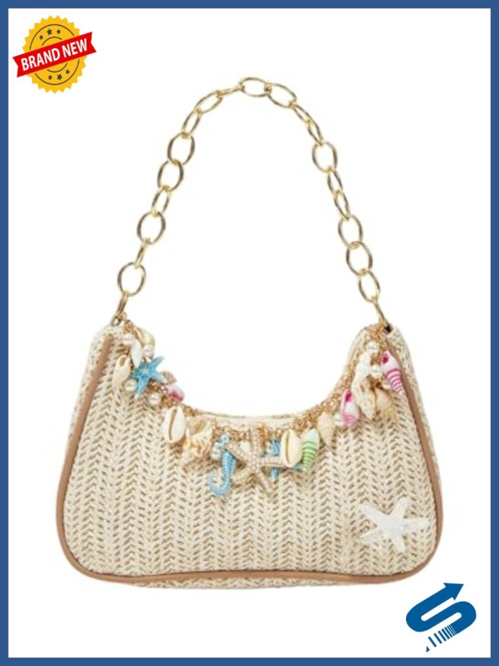 Boho Seashell Straw Shoulder Handbag Chain Strap Top Handle Underarm Bag